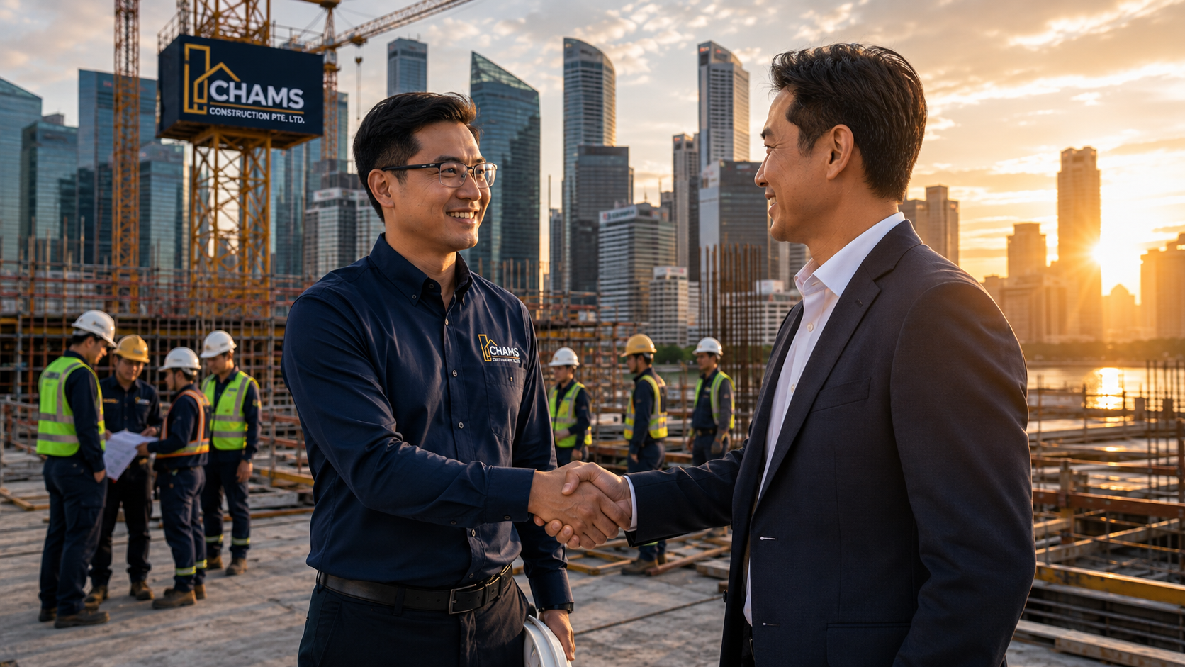 CHAMS site lead shaking hands with a client on a Singapore worksite at sunset